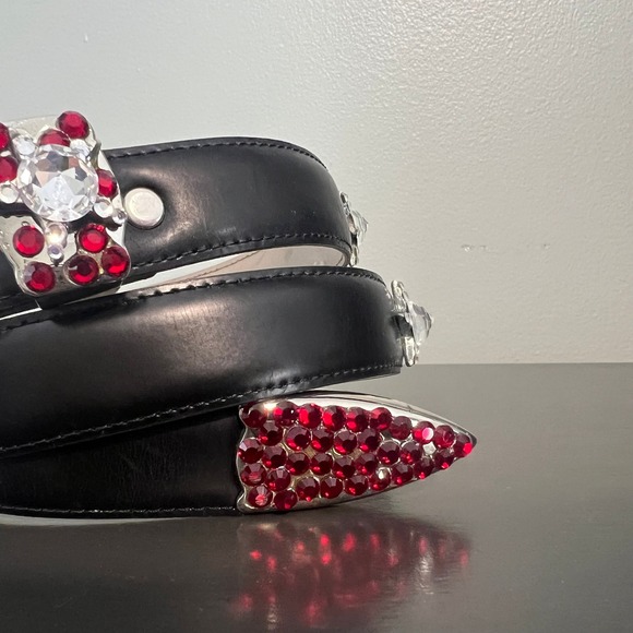 Simon‎ Italy Black Leather Red Rhinestone Western Glam Belt XL Crystal Star rock main image 11